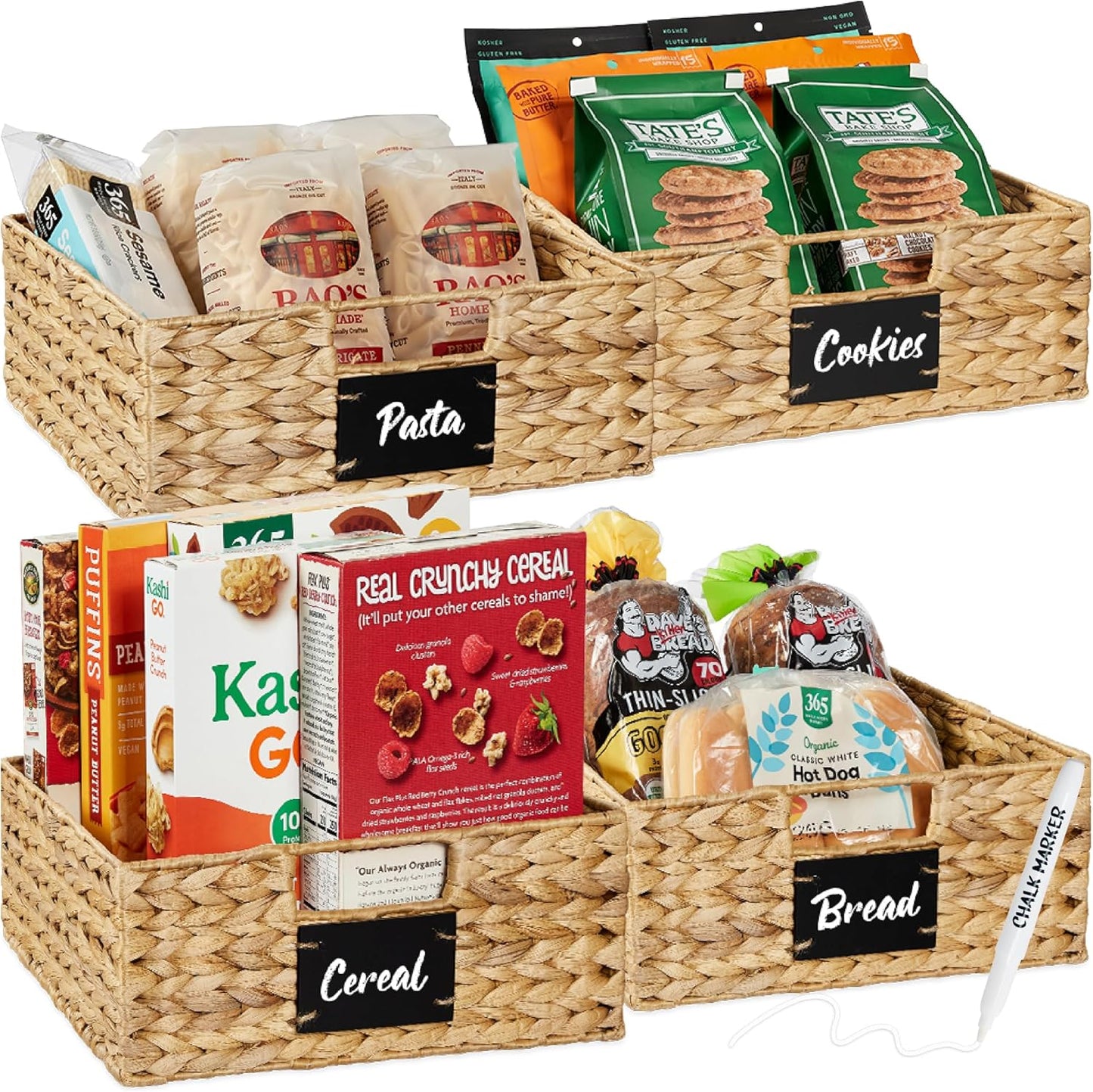Best Choice Products Set of 4 9x12in Water Hyacinth Pantry Baskets, Woven Organizers w/Chalkboard Label, Chalk Marker - Natural