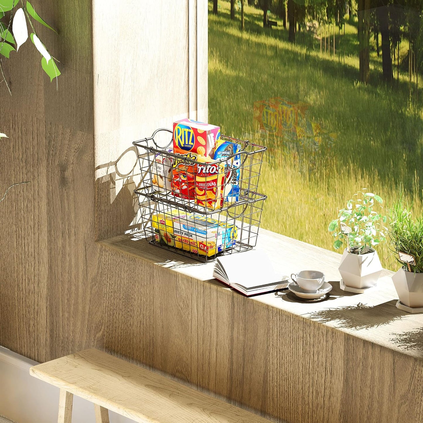 Simple Houseware 2 Pack Stackable Single Wire Basket, (11.5 x 15 x 7.5 in)