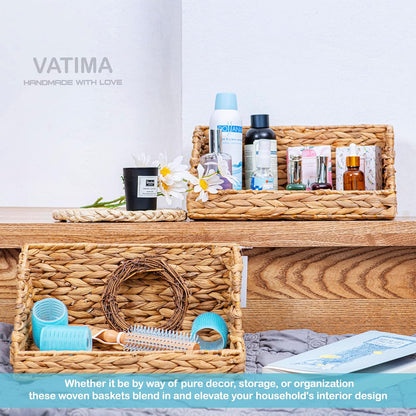 VATIMA Water Hyacinth Storage Baskets with Large Open-Front for Kitchen, Decorative for Living Room, 13.4” x 9.5” x 5.5”, 2 Pack