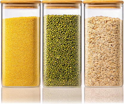 Extra Large Square Glass Flour & Sugar Storage Containers with Airtight Lids, 168 floz - 2 Pack Glass Jars with Bamboo Lids for Pantry, Air tight Food Storage Containers for Cereal, Pasta, Rice
