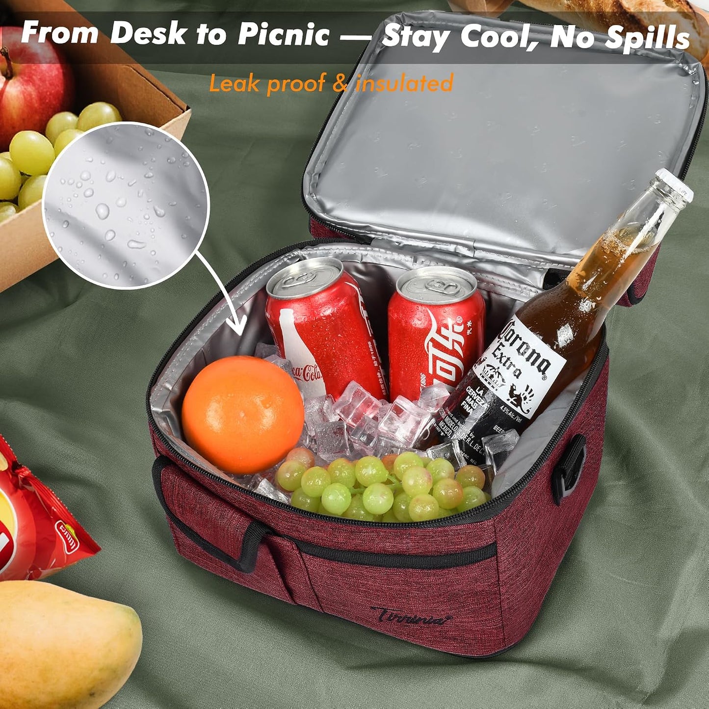 Tirrinia Reusable Lunch Box for Men Women, Insulated Lunch Bag Adult Work, Double Decker Leakproof Lunchbox for Office Picnic Beach—Dual Compartment Lunch Cooler Bag