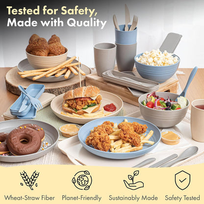 FOODLE Wheat Straw Dinnerware Set - BPA Free & Safety Tested - Microwave & Dishwasher Safe Dishes - Perfect for Camping, Picnic, RV, Dorm - Plates, Cups and Bowls - Great for Kids & Adults - For 4