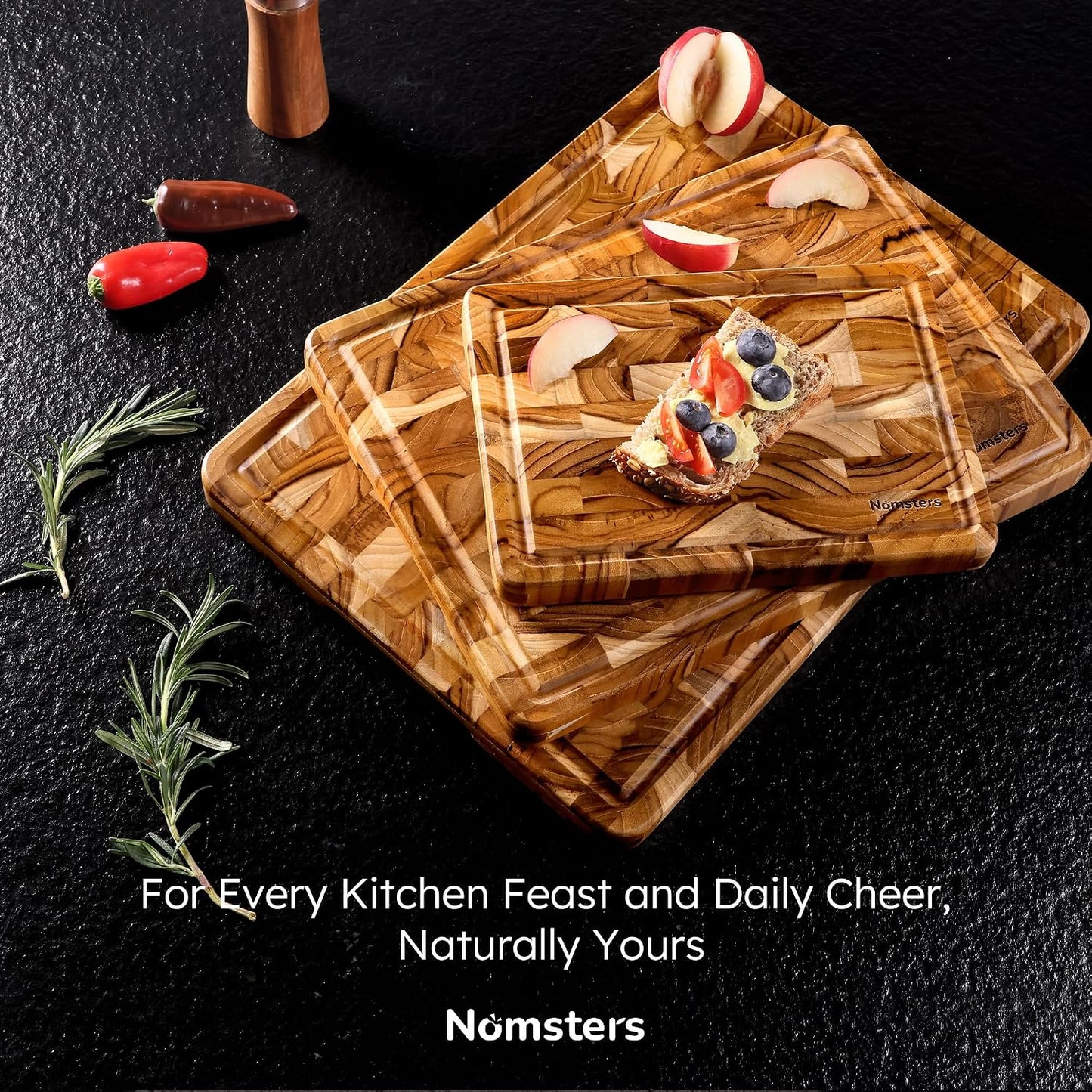 Teak Wood End Grain Cutting Board Set of 2 with Non-slip Feet, Reversible Cutting Boards for Kitchen with Juice Grooves and Handles Non Toxic Chopping Board Butcher Block Serving Tray Kitchen Gift