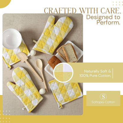 Oven Mitt (7"x13") & Pot Holder (8"x8") 100% Cotton Set of Heat Resistant Oven Gloves & Hot Pads for Gifts, BBQ, Cooking, Baking, Thanksgiving - Mustard Yellow