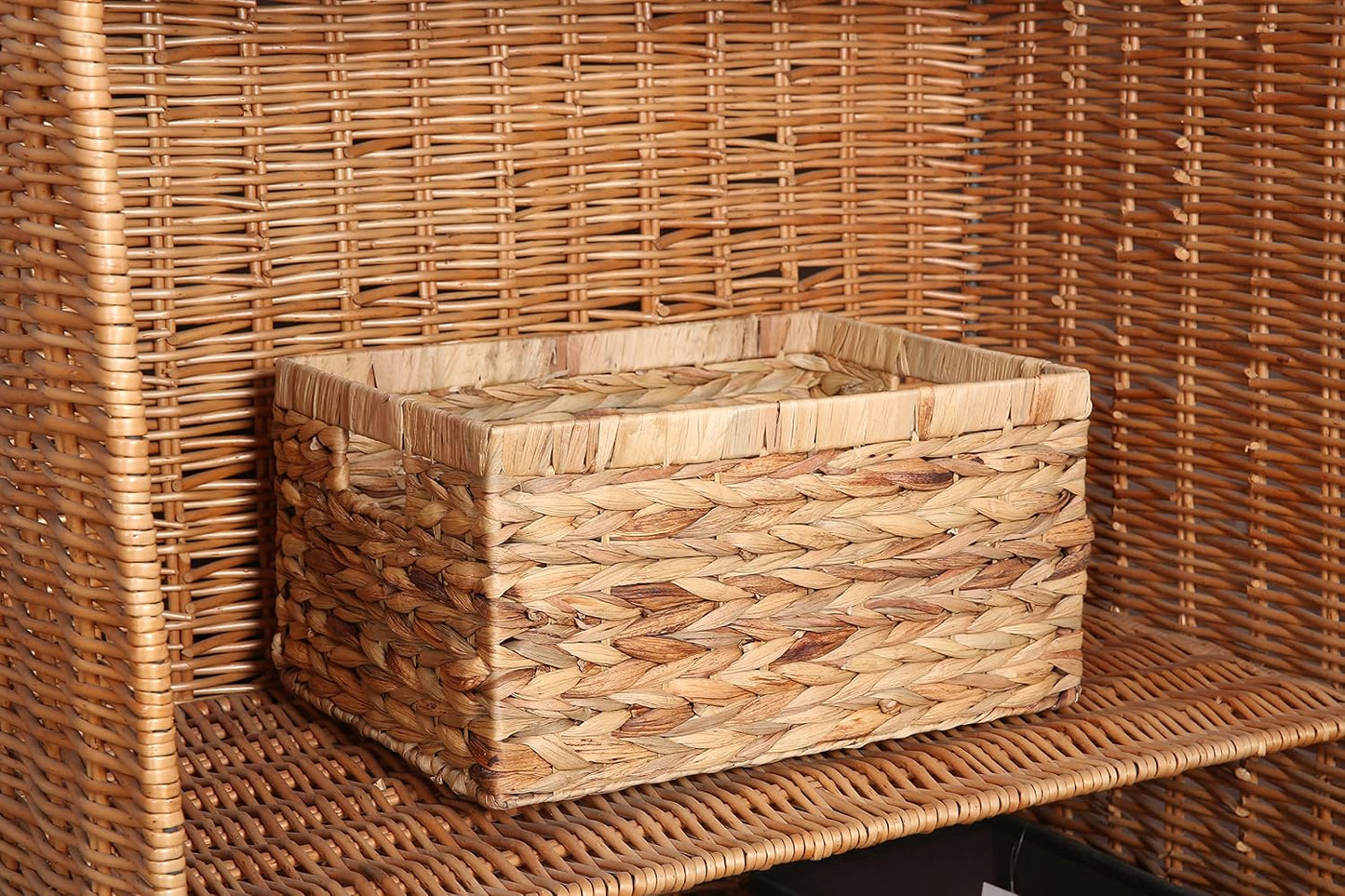 Rectangular Woven Water Hyacinth Storage Baskets with inside Handle for Shelves Bathroom Kitchen Office Desk (Style A)