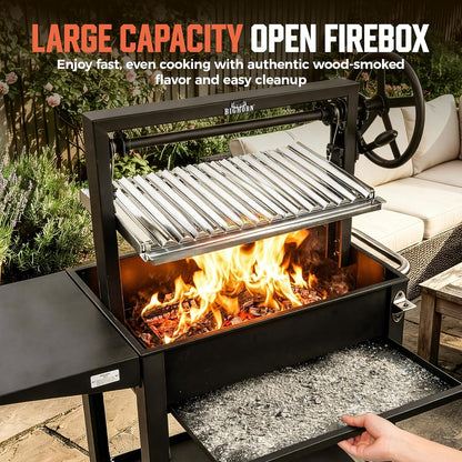 BIG HORN Santa Maria Grill, Argentine Parrilla Grill with Adjustable Height Grate, Wood Fire & Charcoal BBQ Grill, Large Outdoor Open Fire Grill with Storage for Patio & Backyard