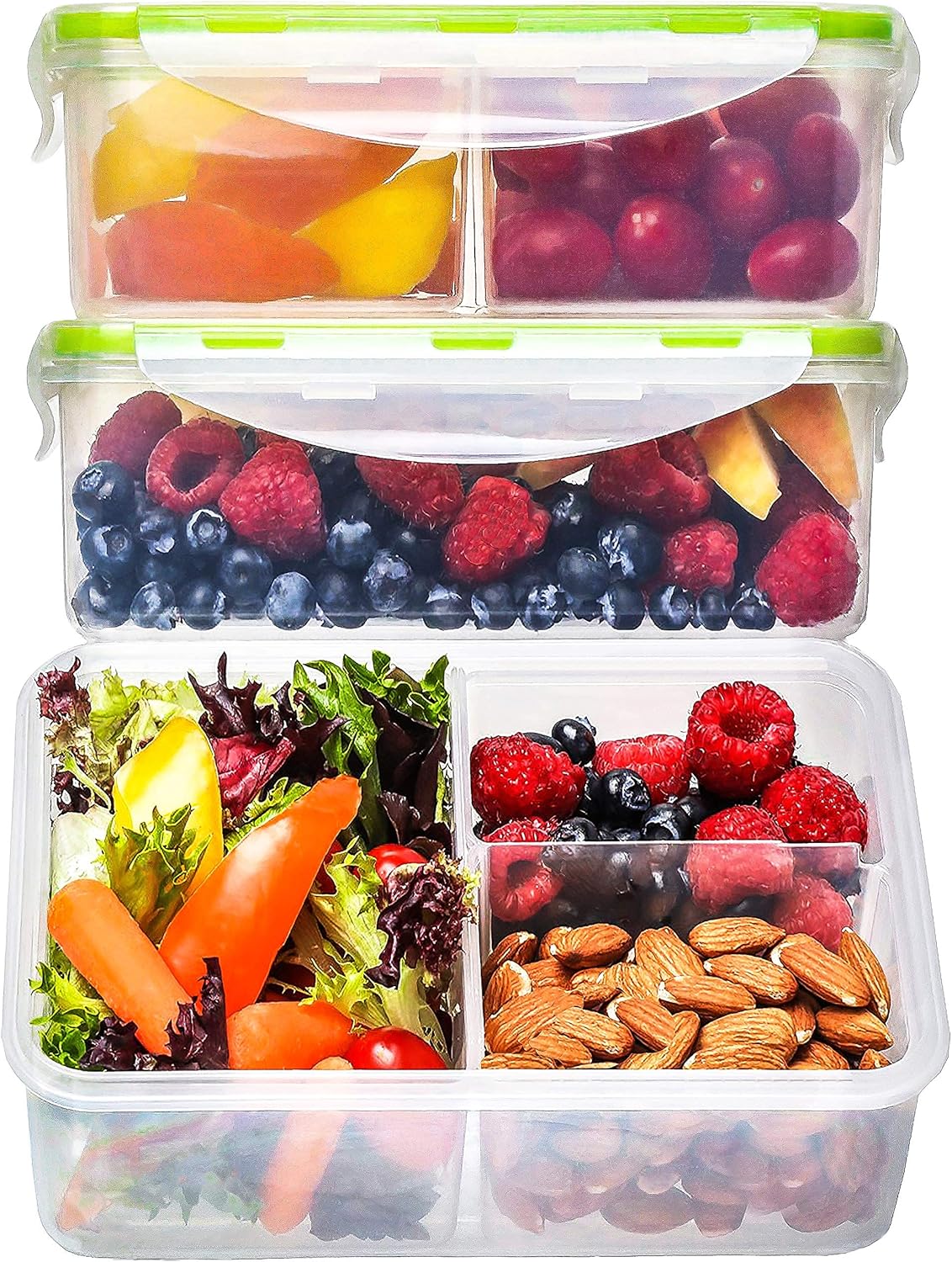 Bento Box for Kids and Adults - Reusable Lunch Box Meal Prep Containers - 3 Compartment Snack Box Container with Airtight Lid - Dishwasher, Freezer, Microwave Safe Food Snack Storage (39 oz, 7 Pack)