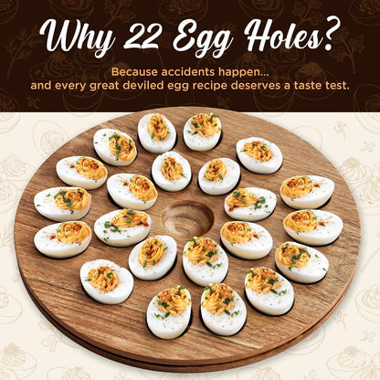 Deviled Egg Carrier with Lid and Handle | Reversible | Wooden Portable Deviled Egg Containers with Lid for Party Travel | Covered Platter Tray Holder | Holds 22 Eggs, Acacia Wood