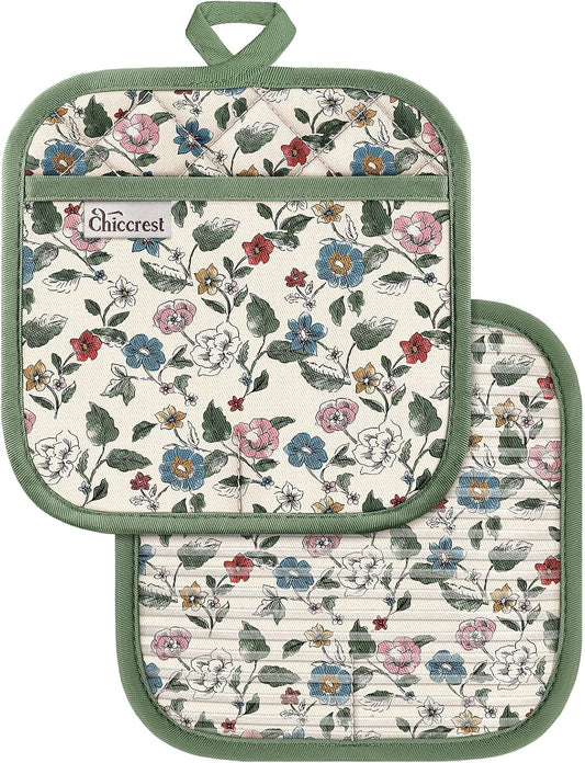 100% Cotton Square Pot Holders Soft Silicone Grip Sage Floral