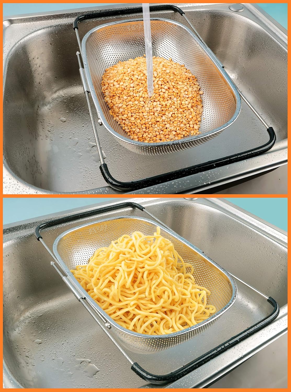 Over the Sink Strainer, Stainless Steel Kitchen Colander with Extendable Arms for Vegetable, Fruits and Pasta (5 quart)
