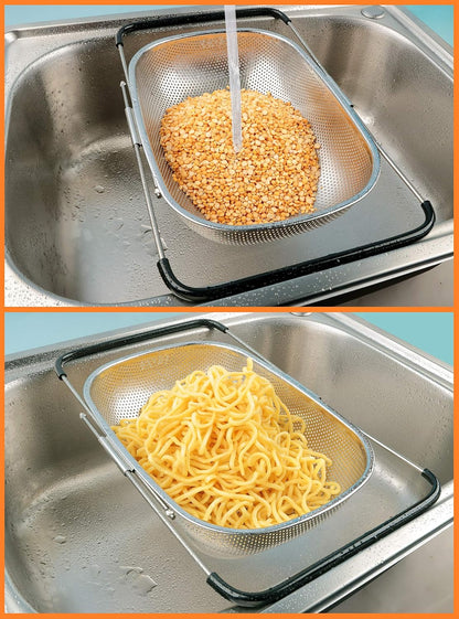 Over the Sink Strainer, Stainless Steel Kitchen Colander with Extendable Arms for Vegetable, Fruits and Pasta (5 quart)