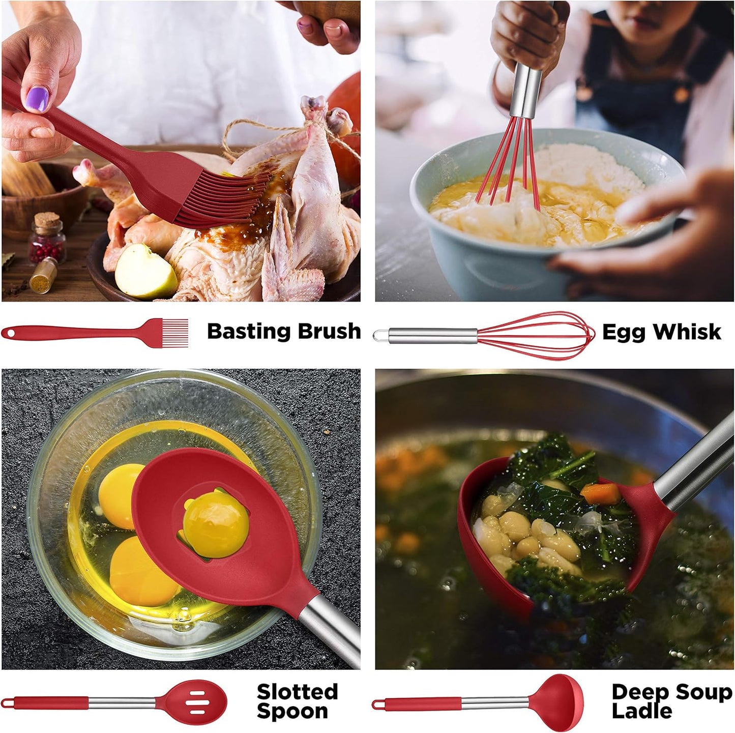 ORBLUE Silicone Cooking Utensil Set, 14-Piece Kitchen Utensils with Holder, Safe Food-Grade Silicone Heads and Stainless Steel Handles with Heat-Proof Silicone Handle Covers, Red