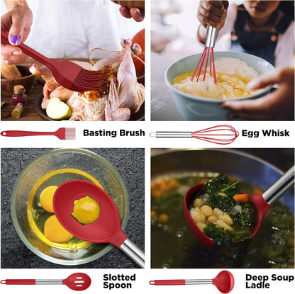 ORBLUE Silicone Cooking Utensil Set, 14-Piece Kitchen Utensils with Holder, Safe Food-Grade Silicone Heads and Stainless Steel Handles with Heat-Proof Silicone Handle Covers, Red