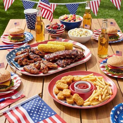 Kingen American flag Patriotic theme party supplies, 18'' Rectangle and 13'' Round Set of 2 Extra-Large Bamboo Serving Trays, Independence Day, Reusable and Dishwasher Safe