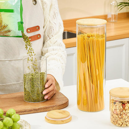 Vtopmart Glass Food Storage Jars, 7 Pack Kitchen Containers with Airtight Bamboo Wooden Lids for Pasta, Cookies, Nuts, Coffee Beans, Cereal, Canisters Set for Flour, Pantry Organization, BPA Free