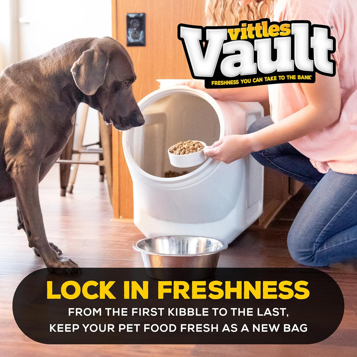 Vittles Vault Traditional Pet Food Storage Container For Dog Kibbles/Bird Seed/Oatmeal/Rice/Flour/Cereal, BPA Free Plastic, Sealed Airtight For Cat Food, Up To 30 lb, Made in USA, With Scoop, Gray