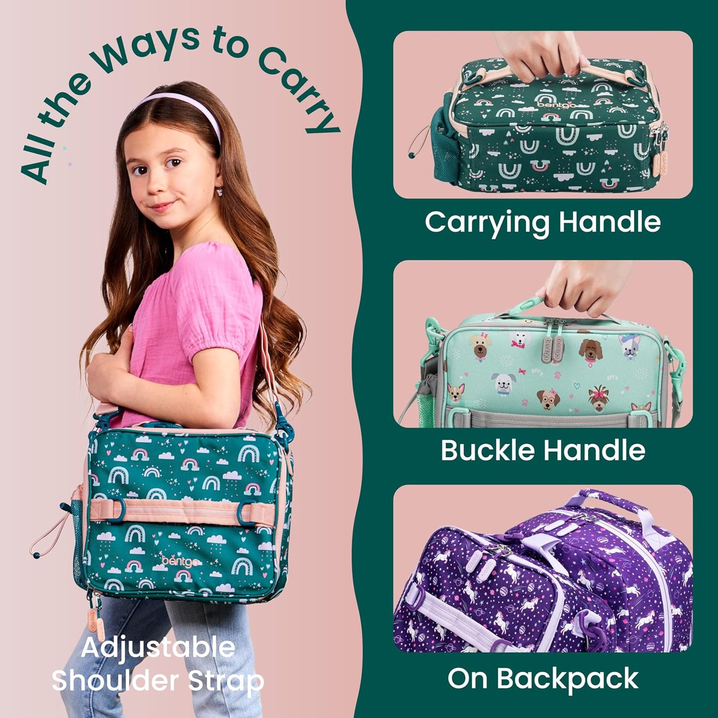 Bentgo Kids Lunch Bag - Durable, Double-Insulated Lunch Bag for Kids 3+; Holds Lunch Box, Water Bottle, & Snacks; Easy-Clean Water-Resistant Fabric & Multiple Zippered Pockets (Mermaid)