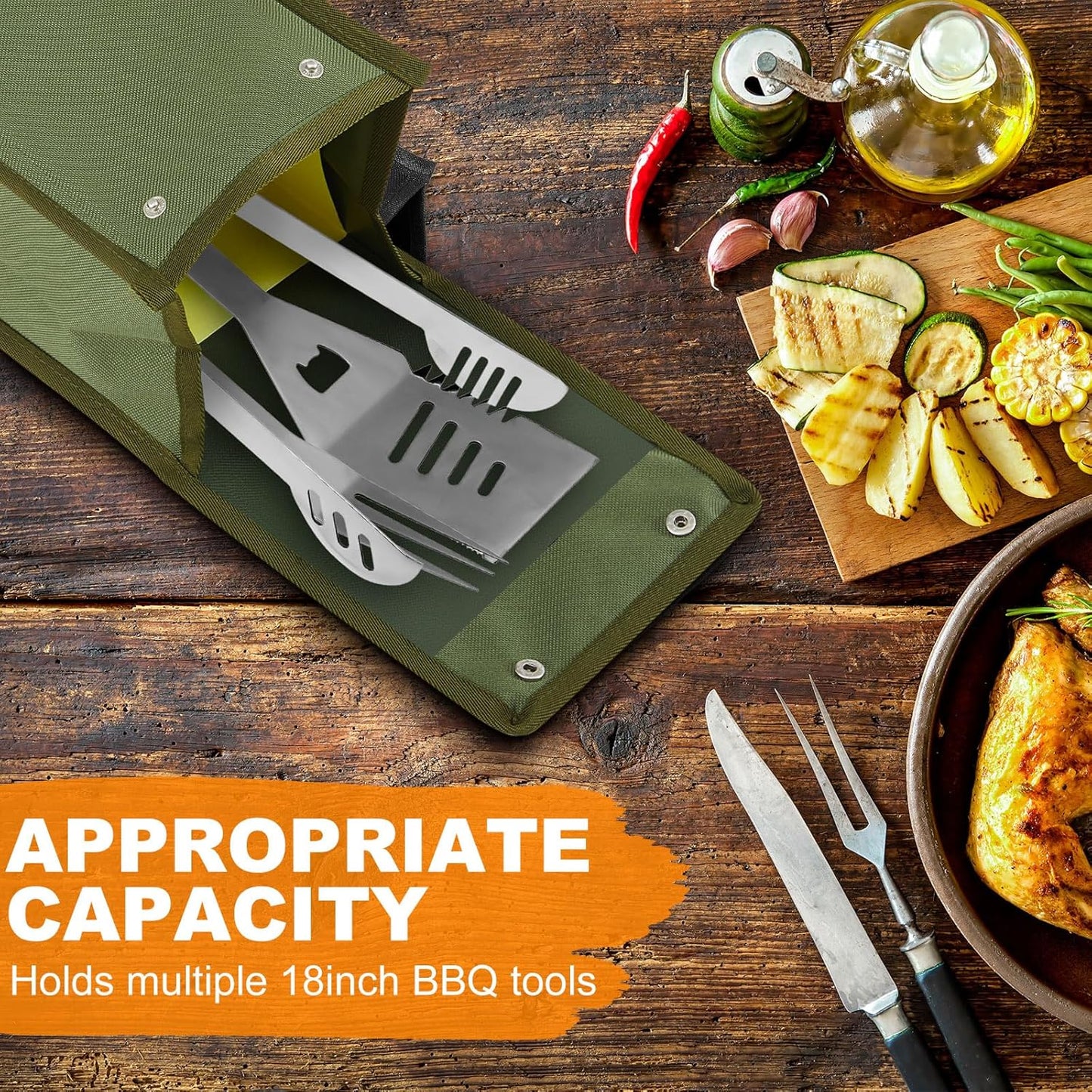 Amylove 2 Pcs Grill Utensil Storage Bag 20" Extra Thick Canvas Barbecue Grill Tool Storage Bag Carry Container Waterproof Zipper Closure, for Outdoor Grilling Camping Hiking Barbecue Accessory(Green)