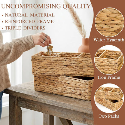 Pumtus 2 Pack 3-Section Woven Baskets, Water Hyacinth Storage Bin, Handwoven Desk Organizer, Toilet Paper Container, Rectangle Holder for Counter Top Toilet Tank Shelves Coffee Bar Pantry