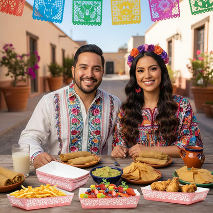 Mexican Taco Nights Food Trays - 60Pcs Mexican Flowers Wavy Edge Unassembled Tray Nacho Snack Candy Holder Disposable Paper Plate Holiday Birthday Carnival Party Supplies Food Container