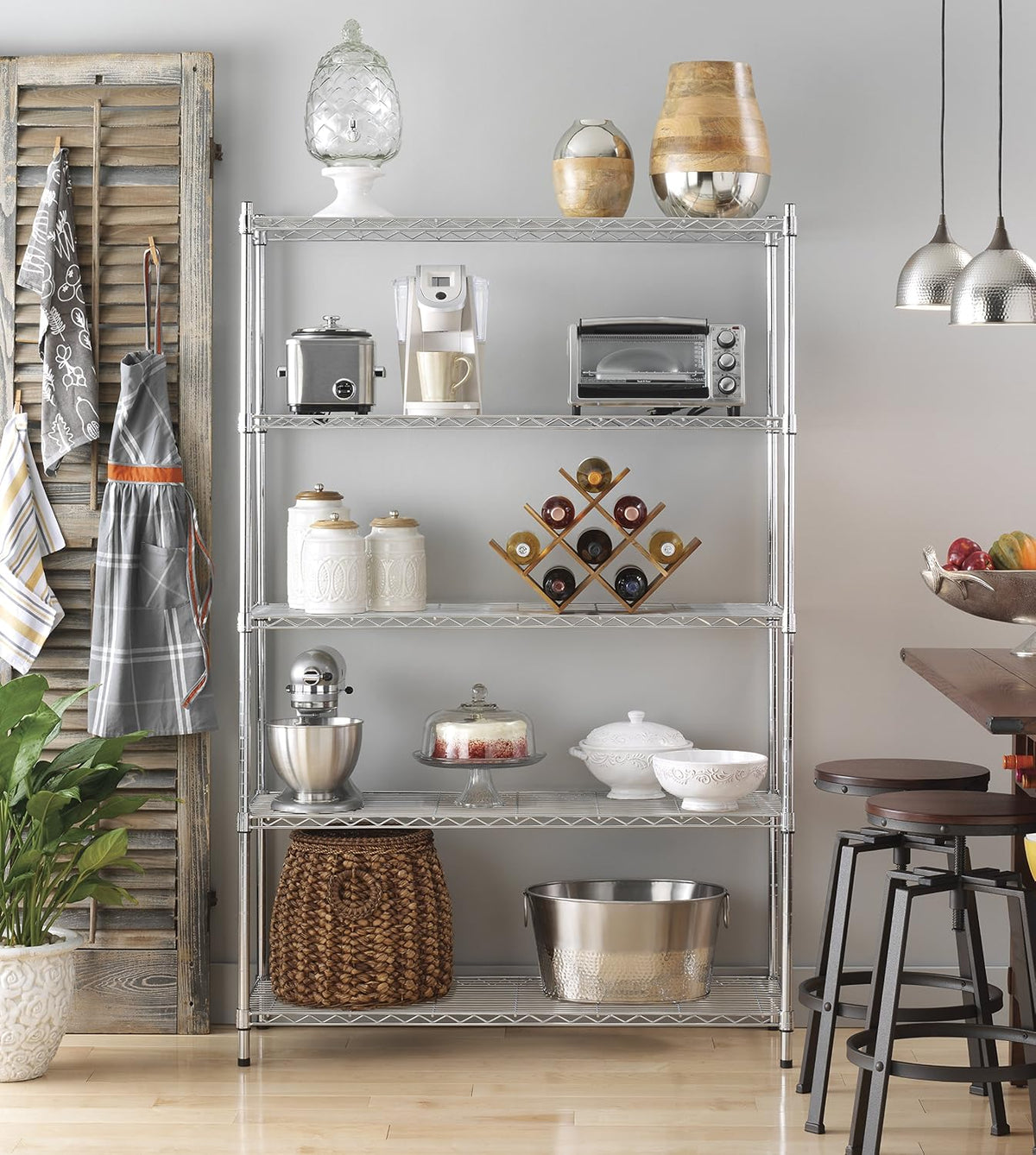 Whitmor 2-Wire Shelving Unit, Metal Storage Shelves, Stacking Shelf with Basket, Easy Assembly Home Organizer for Pantry, Kitchen, Garage, Plant
