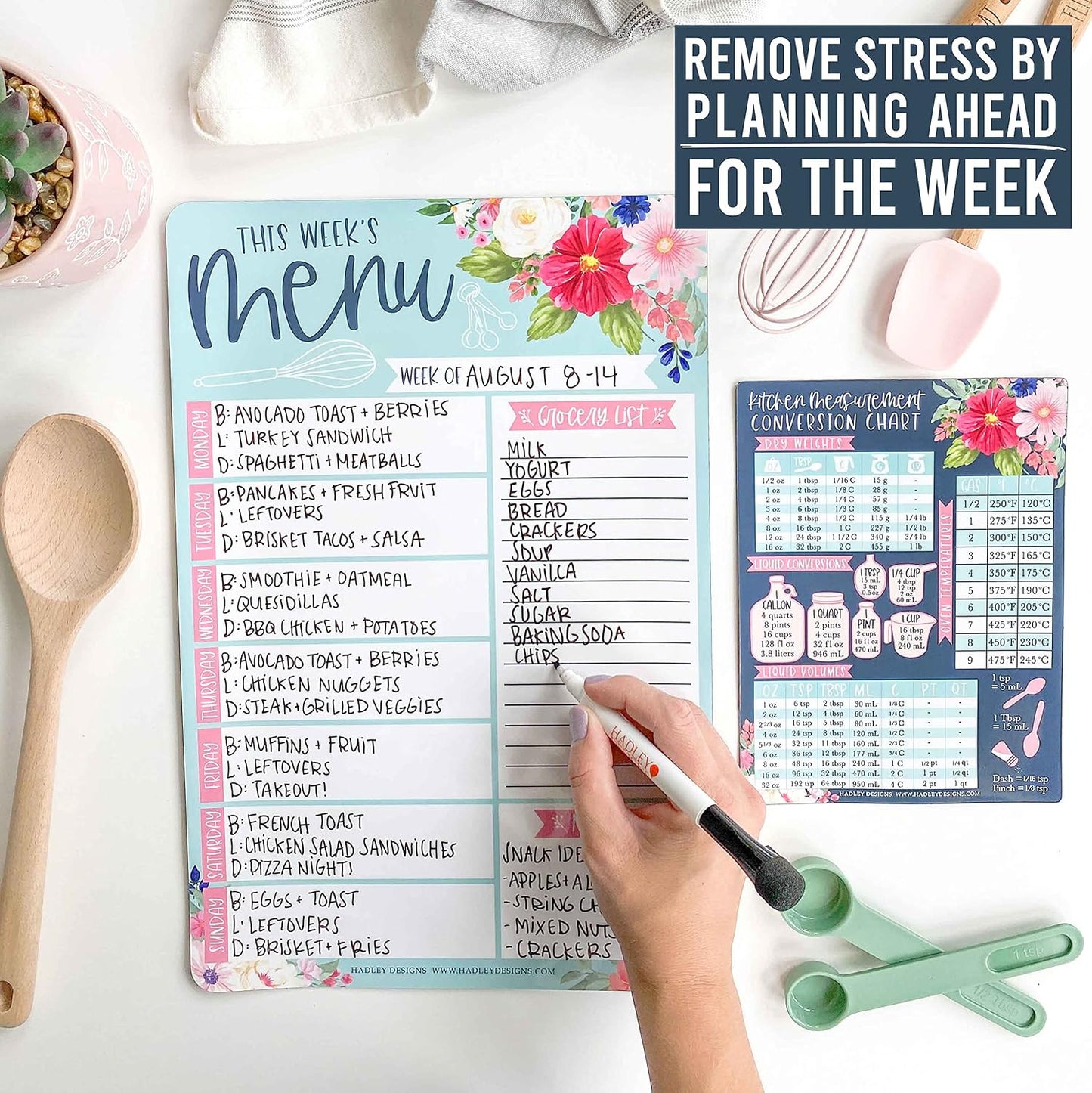 Hadley Designs Weekly Meal Planner Dry Erase Board for Refrigerator, Floral Magnetic Weekly Menu Board for Kitchen Conversion Chart, Meal Planner for Refrigerator, Magnetic Menu Board for Fridge