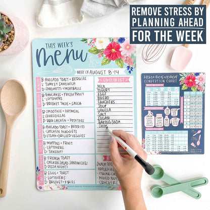 Hadley Designs Weekly Meal Planner Dry Erase Board for Refrigerator, Floral Magnetic Weekly Menu Board for Kitchen Conversion Chart, Meal Planner for Refrigerator, Magnetic Menu Board for Fridge