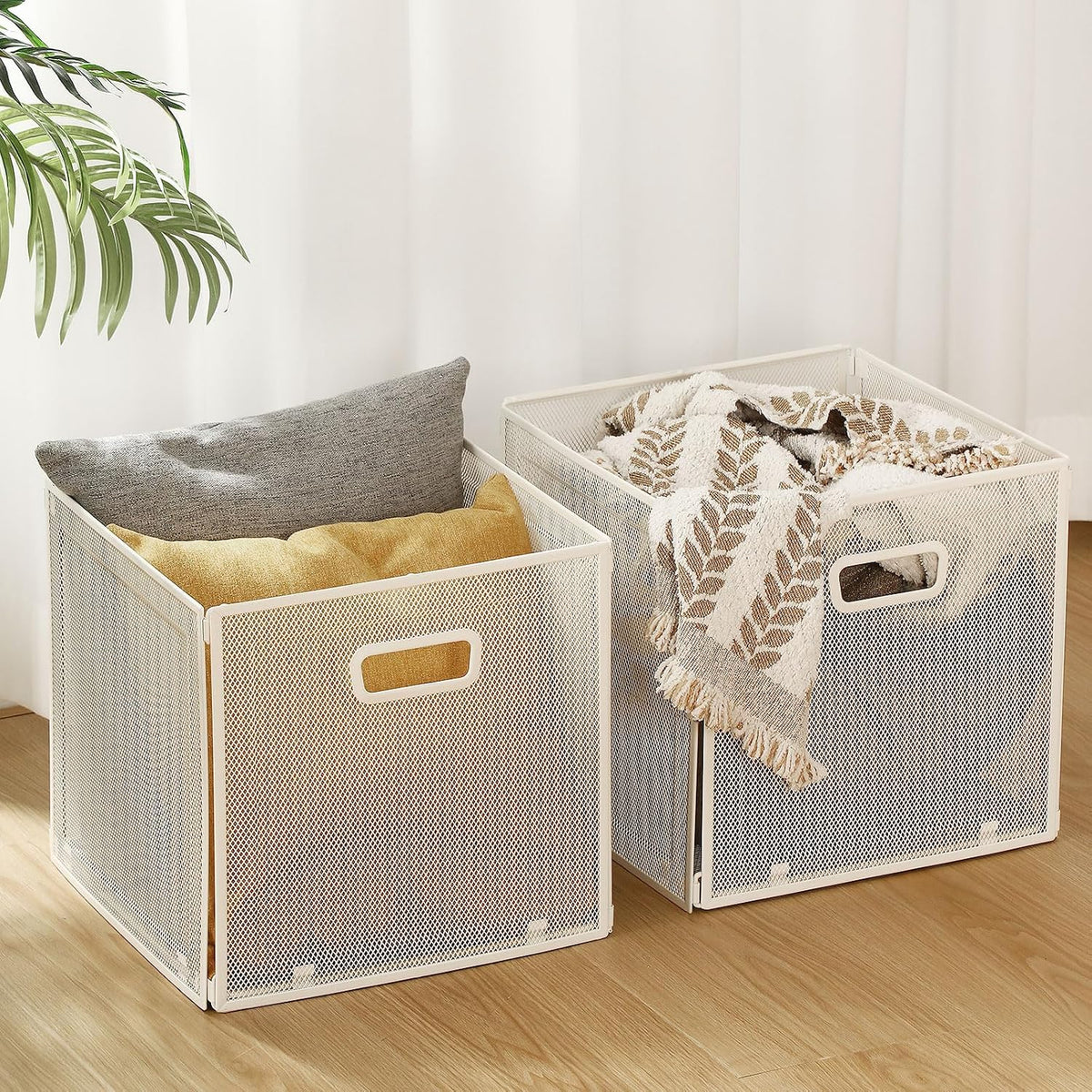 Funnymoom 2 Pcs Foldable Metal Wire Basket 13 x 13 Inch Black Cube Storage Bins Stackable Wire Laundry Baskets Organizer with Handle for Shelves Pantry Cabinet File Graduation Gift