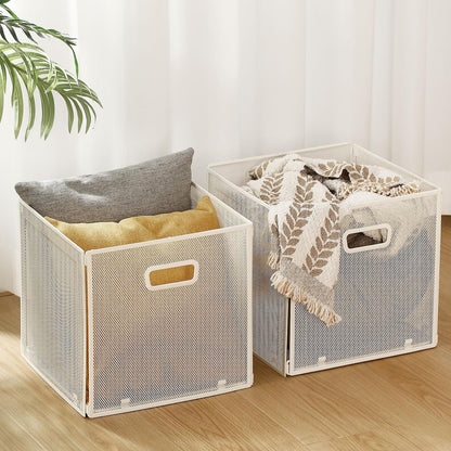 Funnymoom 2 Pcs Foldable Metal Wire Basket 13 x 13 Inch Black Cube Storage Bins Stackable Wire Laundry Baskets Organizer with Handle for Shelves Pantry Cabinet File Graduation Gift