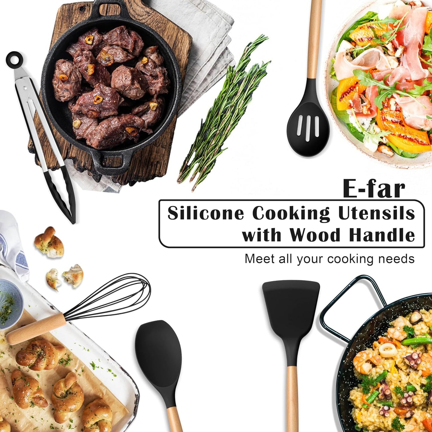 E-far Silicone Cooking Utensils Set, 5-Piece Kitchen Utensils Set with Wooden Handle for Cooking, Silicone Kitchen Nonstick Tools Spatula Turner Slotted Spoons, Nontoxic & Heat Resistant-Khaki