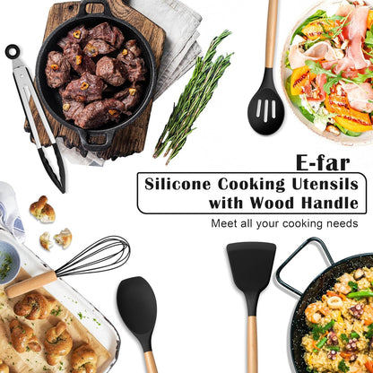 E-far Silicone Cooking Utensils Set, 5-Piece Kitchen Utensils Set with Wooden Handle for Cooking, Silicone Kitchen Nonstick Tools Spatula Turner Slotted Spoons, Nontoxic & Heat Resistant-Khaki