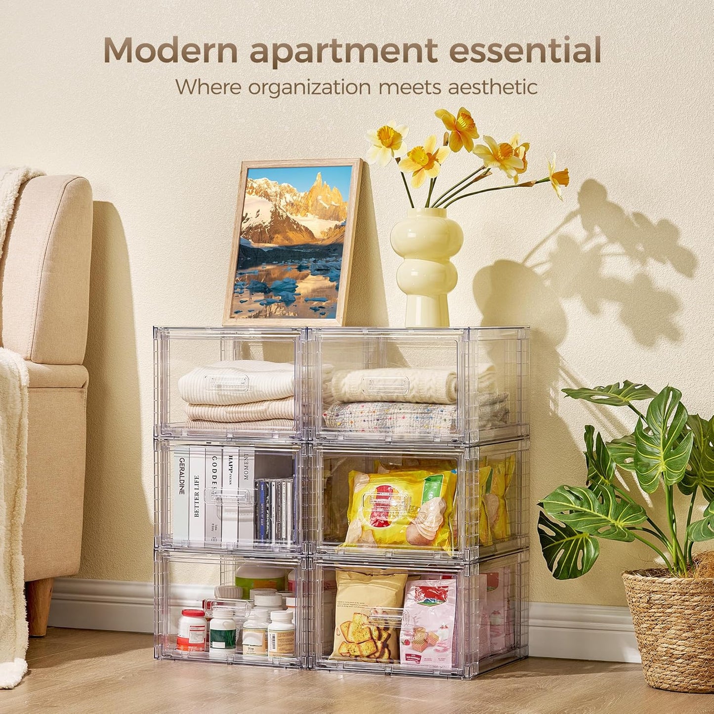 Vtopmart 2 Pack Clear Stackable Storage Drawers 15QT, Easily Assemble Closet Organizers,Plastic Storage Bins for Bathroom,Cabinet,Kitchen Pantry,Under Sink Organization(Medium)