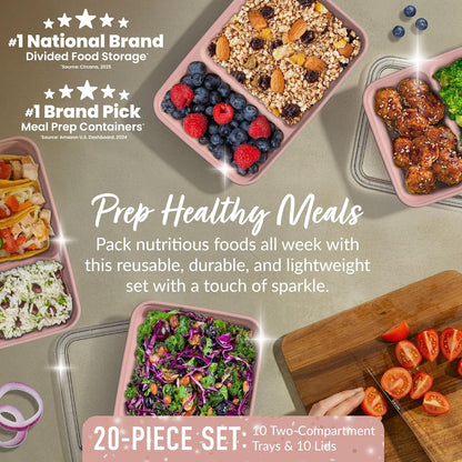 Bentgo Prep - 20-Piece 2-Compartment Reusable Meal Prep Containers with Lids, PFAS & BPA Free Materials, Durable, Microwave, Freezer, & Dishwasher Safe To Go Food Storage (Rose Gold)