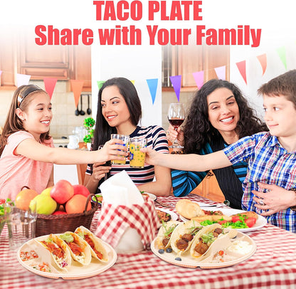 Small Disposable Taco Plates With Dipping Sides - 50 Pack, Biodegradable Cornstarch Taco Holder, Mini Size Fit 4-6 Inch Street Tortilla Shells, Sturdy & Microwave Safe, Bar Serving Set For A Party