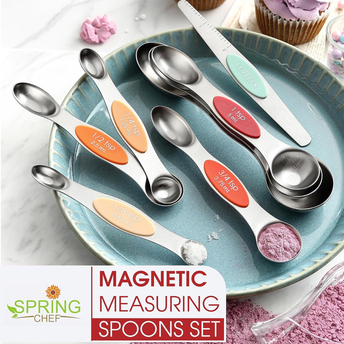 Spring Chef Stainless Steel Magnetic Measuring Spoons Set with Strong N45 Magnets, Heavy Duty Metal Kitchen Gadgets for Baking & Cooking, Fits in Most Kitchen Spice Jars, Set of 8 with Leveler, Black