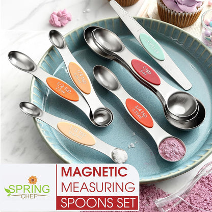 Spring Chef Stainless Steel Magnetic Measuring Spoons Set with Strong N45 Magnets, Heavy Duty Metal Kitchen Gadgets for Baking & Cooking, Fits in Most Kitchen Spice Jars, Set of 8 with Leveler, Black