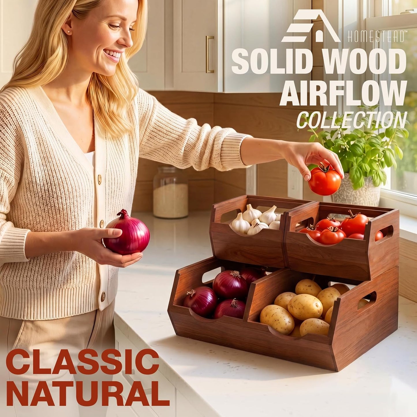 HOMESTEAD Stackable Solid Wood Storage Bins for Kitchen Pantry & Countertop, Ventilated Potato and Onion Basket Organizer with Handles, Wooden Produce Storage Containers, 3-Pack, Chestnut Finish