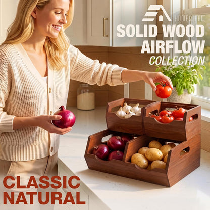 HOMESTEAD Stackable Solid Wood Storage Bins for Kitchen Pantry & Countertop, Ventilated Potato and Onion Basket Organizer with Handles, Wooden Produce Storage Containers, 3-Pack, Chestnut Finish
