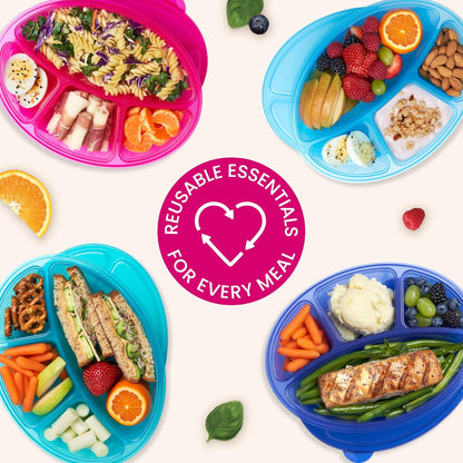 Bentgo Easyboxes 4-Compartment Oval Containers - Patented Design 8-Piece Set; 4 Trays & 4 Fitted Lids Seal in Freshness; Reusable Food Storage & Meal Prep BPA-Free Containers (Jewel Brights)