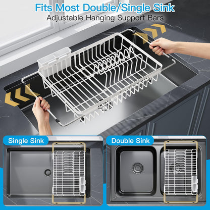 JASIWAY Dish Drying Rack in Sink, Expandable Stainless Steel Dish Drainers for Kitchen Counter, Dish Dryer Rack for Inside Sink, Over The Sink Dish Racks with Utensil Holder, Silver