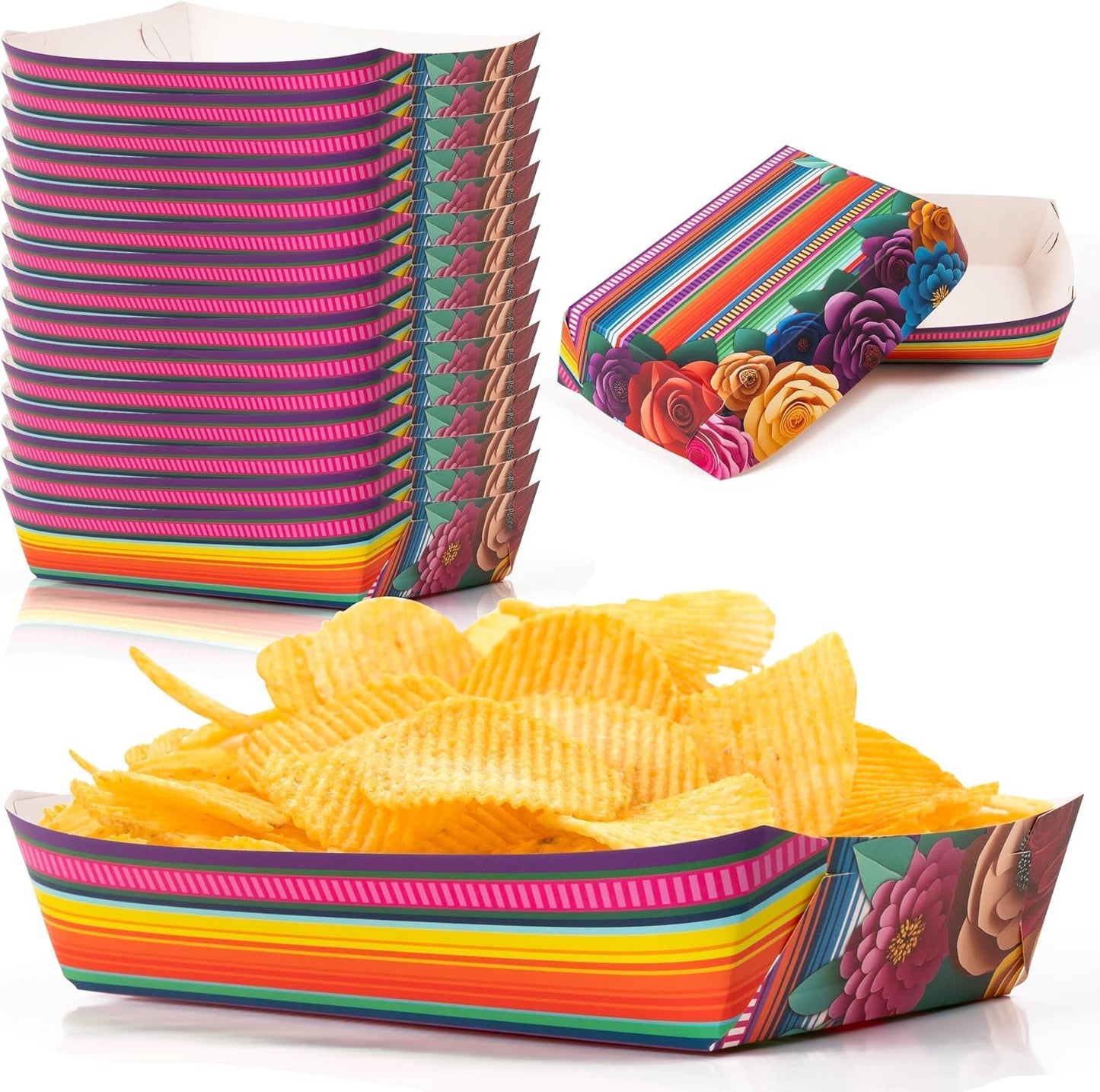Mexican Taco Nights Food Trays - 60Pcs Mexican Flowers Wavy Edge Unassembled Tray Nacho Snack Candy Holder Disposable Paper Plate Holiday Birthday Carnival Party Supplies Food Container