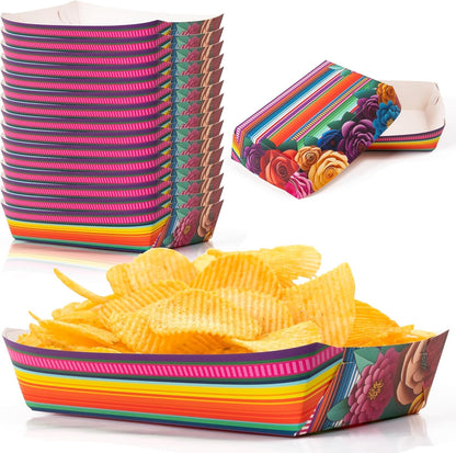 Mexican Taco Nights Food Trays - 60Pcs Mexican Flowers Wavy Edge Unassembled Tray Nacho Snack Candy Holder Disposable Paper Plate Holiday Birthday Carnival Party Supplies Food Container