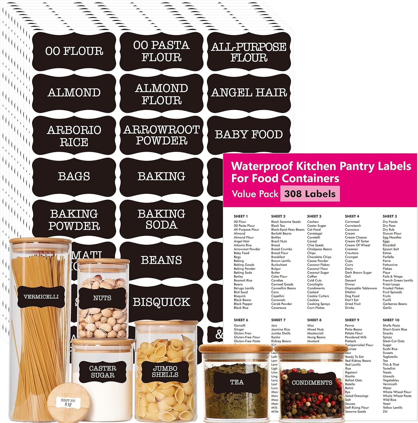 Hebayy 308 Pantry Food Labels, 280 Preprinted Flour Pasta Lentil Grain Condiment Oil Stickers, 28 Blank Ones, Waterproof Oil&Tear Resistant, No Residue for Kitchen Containers Jars(White on Black)