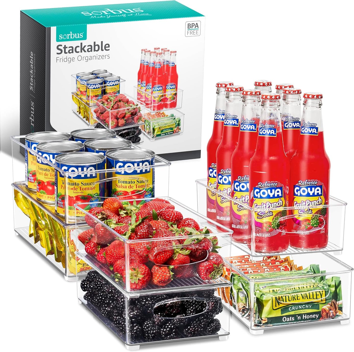 Sorbus Stackable Refrigerator Organizer Bins - Set of 4 Clear Storage Bins for Kitchen Pantry, Freezer & Fridge Organization - Food Organizing Plastic Containers with Handles for Countertops & Drawers