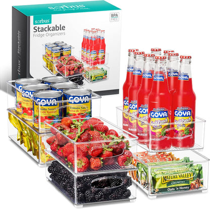 Sorbus Stackable Refrigerator Organizer Bins - Set of 4 Clear Storage Bins for Kitchen Pantry, Freezer & Fridge Organization - Food Organizing Plastic Containers with Handles for Countertops & Drawers