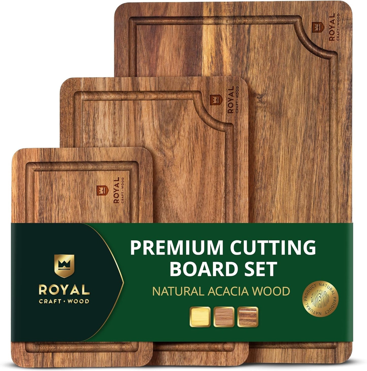 ROYAL CRAFT WOOD Wooden Cutting Boards for Kitchen Meal Prep & Serving - Bamboo Wood Serving Board Set with Deep Juice Groove Side Handles - Charcuterie & Chopping Butcher Block for Meat