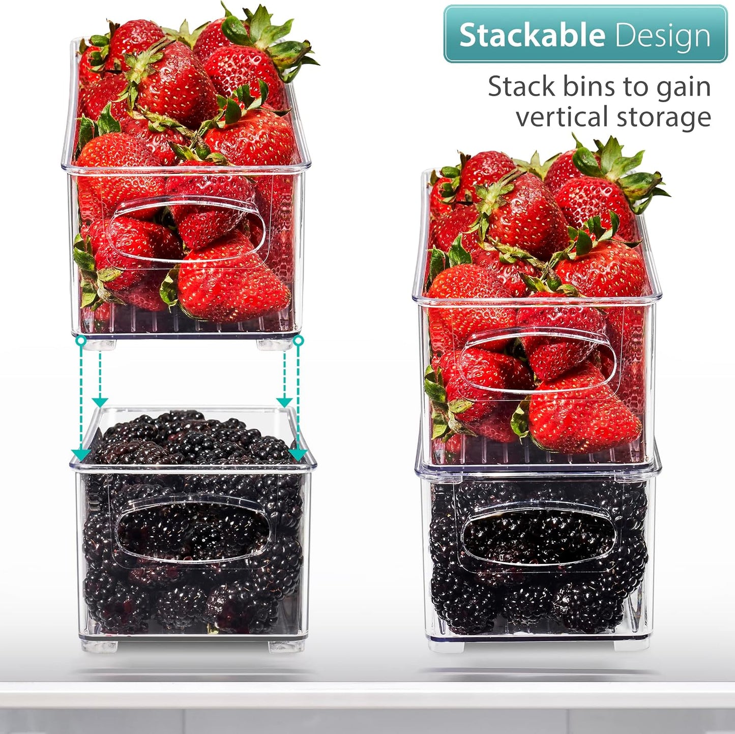 Sorbus Stackable Refrigerator Organizer Bins - Set of 4 Clear Storage Bins for Kitchen Pantry, Freezer & Fridge Organization - Food Organizing Plastic Containers with Handles for Countertops & Drawers
