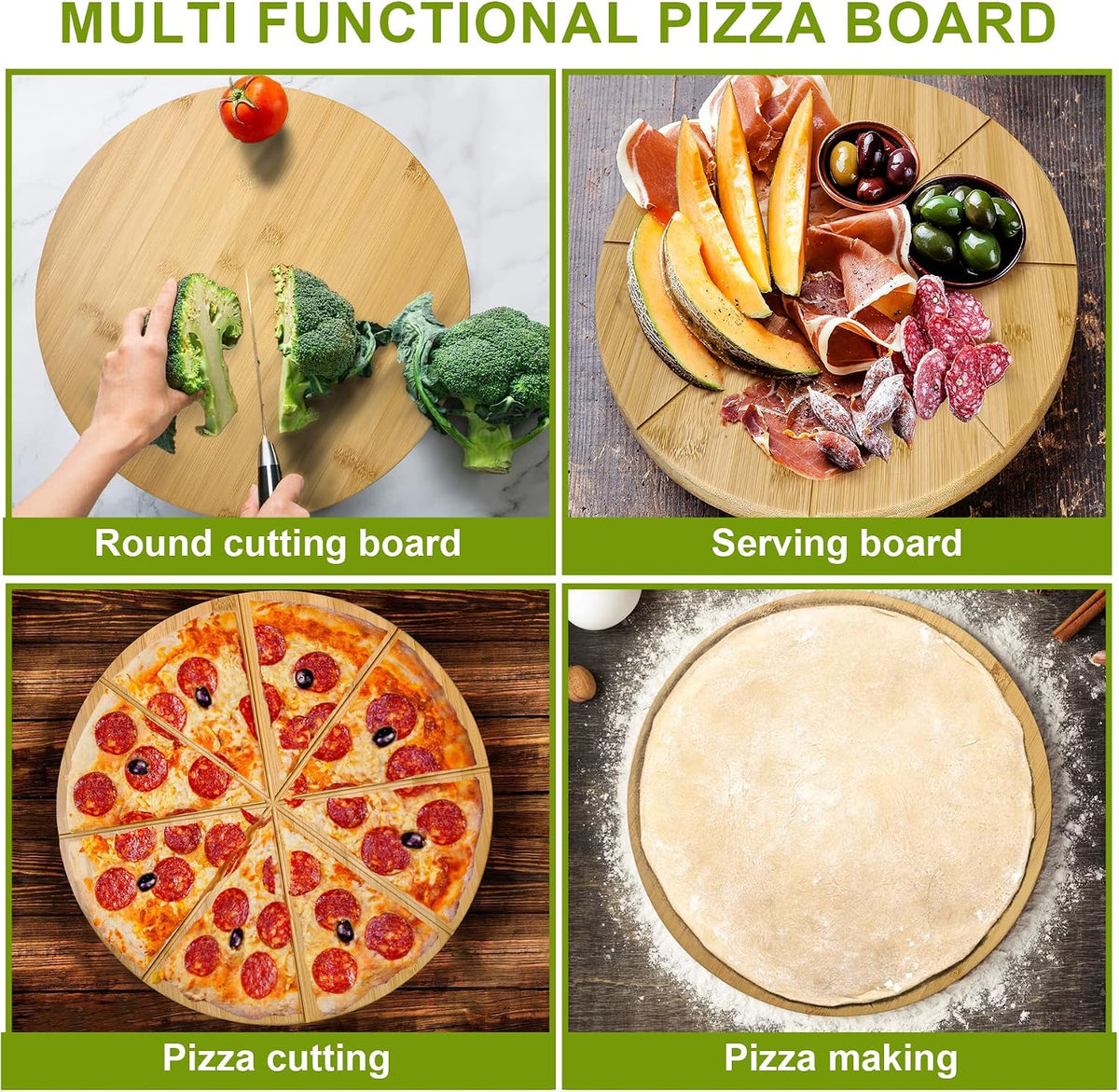 16inch Pizza Cutting Board Round Large Bamboo Wooden Prep Platter Tray