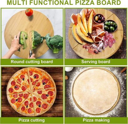 16inch Pizza Cutting Board Round Large Bamboo Wooden Prep Platter Tray