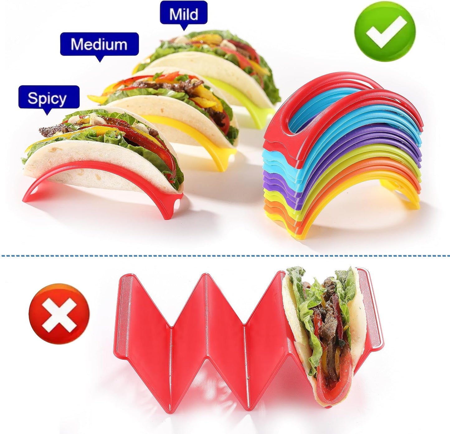 18PCS Individual Taco Holder Stand, MONGSEW Colorful Taco Holders Set of 18, Taco Stands for the individual serving, PP Materials Soft or Hard Taco Shell Holder, Dishwasher & Microwave Safe